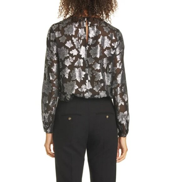 NWT Club Monaco black & silver metallic fibre burnout floral print sheer blouse - Picture 11 of 16